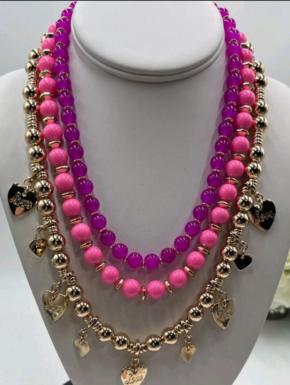 Lilly Pulitzer Triple Strand PINK Beaded GOLD HEART CHARM Love Necklace New